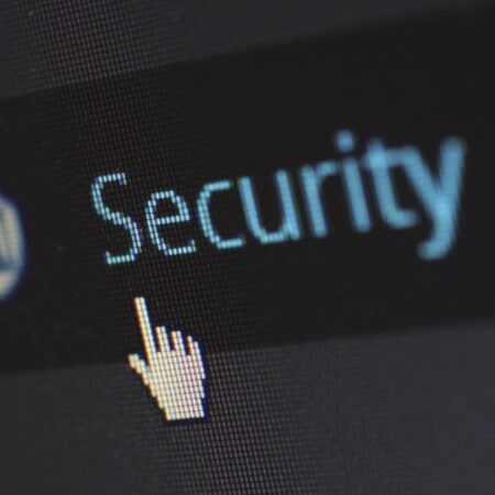 Close-up view of a mouse cursor over digital security text on display.